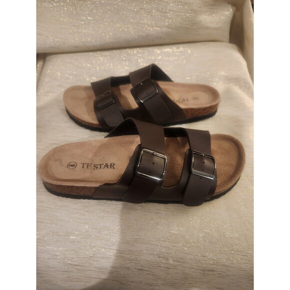 TF Star Brown Leather Unisex Flat Strap Sandals Adjustable Buckle Size 9 - Picture 6 of 6